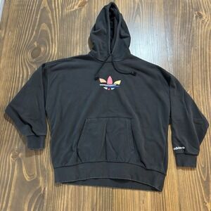 ADIDAS Womens Hoodie XS Black Trefoil Rainbow Logo Pullover Sweatshirt
